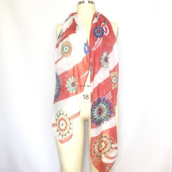 Joy Susan Large Printed Scarf Red White Blue - Picture 2 of 5